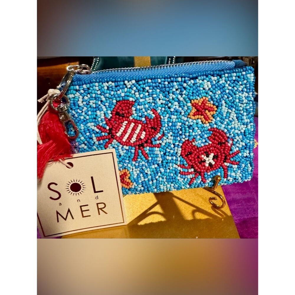 NWT Sol and Mer Beaded Crabs Starfish Key and Cardholder Blue